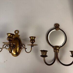2 Vintage Brass Wall Sconce Candle Holder and Wall Mirror with Candle Holder